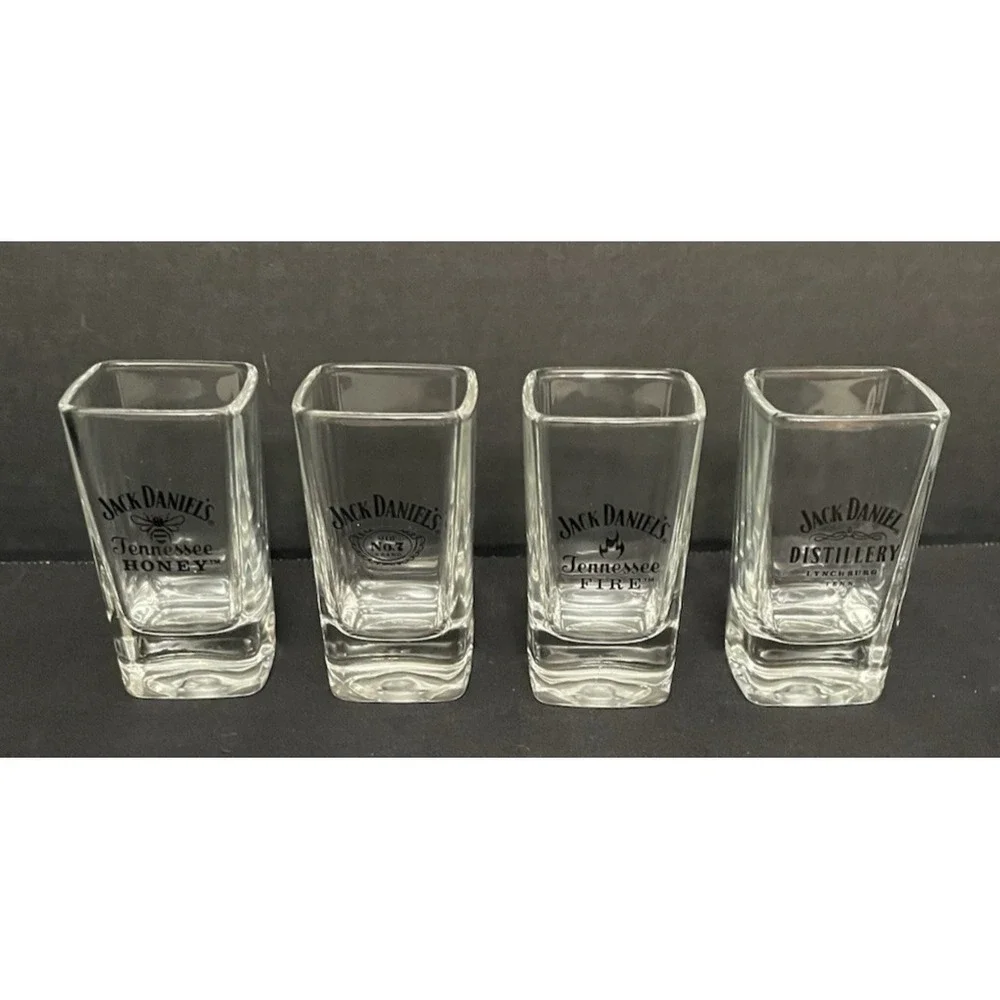 Jack Daniel's Shot Glass Set 4 Square Barware 2 oz Tennessee Honey Old No 7 Fire